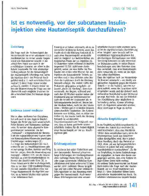 Vorschauseite 1: Ist es notwendig, vor der subcutanen Insulininjektion eine Hautantiseptik durchzuführen?