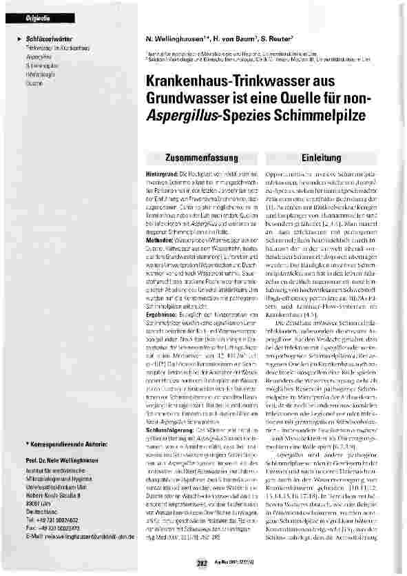 Vorschauseite 1: Krankenhaus-Trinkwasser aus Grundwasser ist eine Quelle für non-Aspergillus-Spezies Schimmelpilze