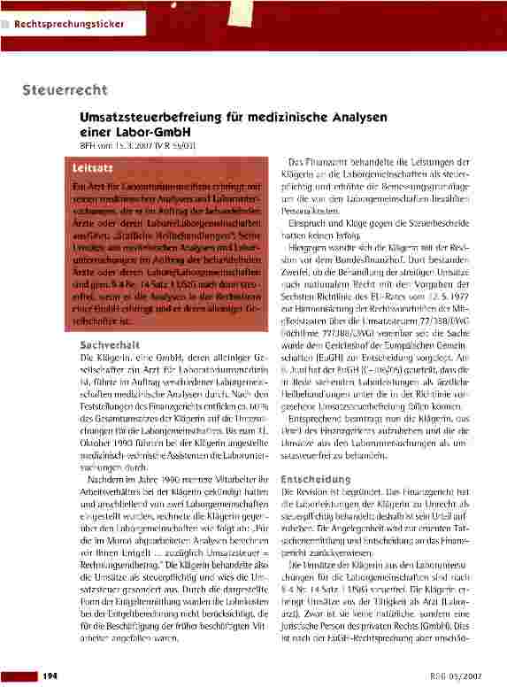 Vorschauseite 1: Umsatzsteuerbefreiung für medizinische Analysen einer Labor-GmbH