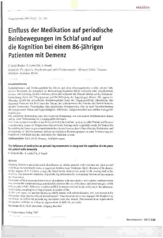 Vorschauseite 1: Einfluss der Medikation auf periodische Beinbewegungen im Schlaf und auf die Kognition bei einem 86-jährigen Patienten mit Demenz