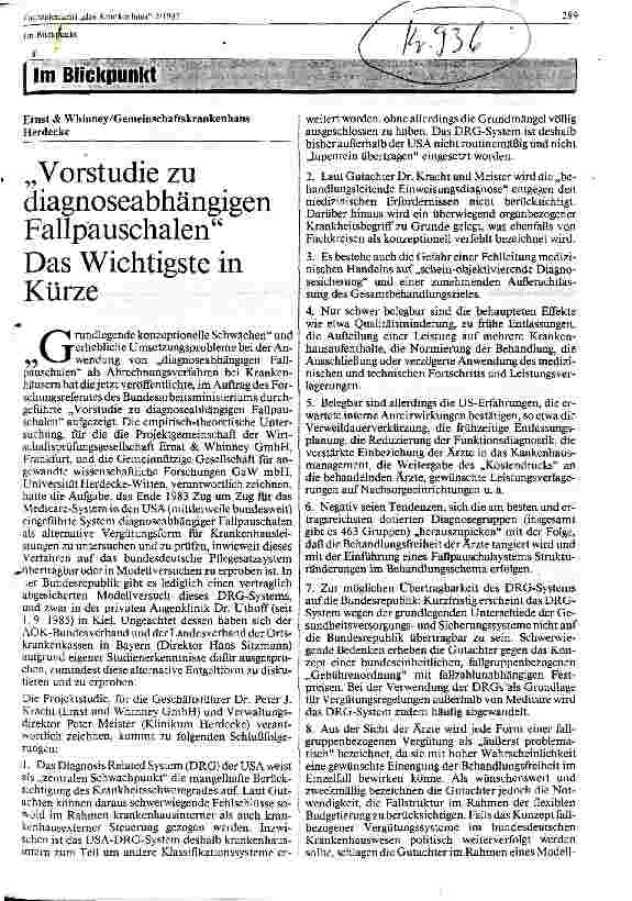 Vorschauseite 1: Vorstudie zu diagnoseabhängigen Fallpauschalen ; Das Wichtigste in Kürze