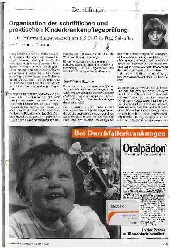 Vorschauseite 1: Organisation der schriftlichen und praktischen Kinderkrankenpflegeprüfung - ein Informationsaustausch am 6. 5. 87 in Bad Salzuflen