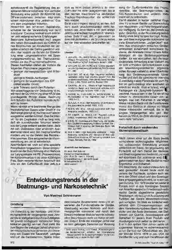 Vorschauseite 1: Entwicklungstrends in der Beatmungsund Narkosetechnik