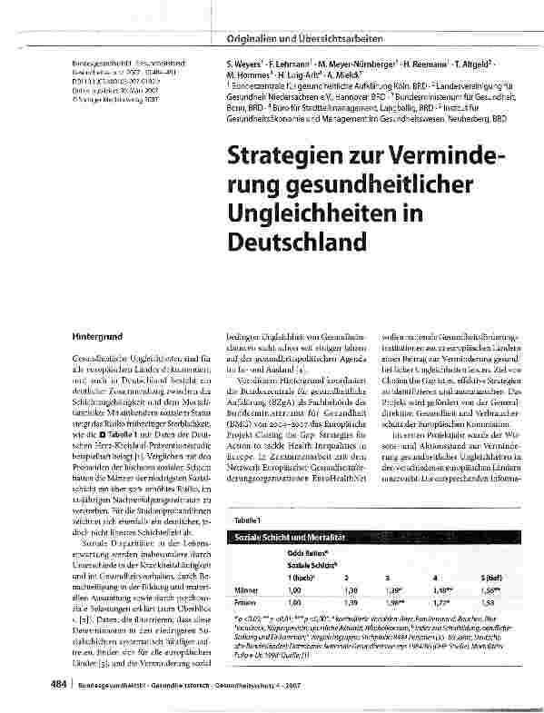 Vorschauseite 1: Strategien zur Verminderung gesundheitlicher Ungleichheiten in Deutschland