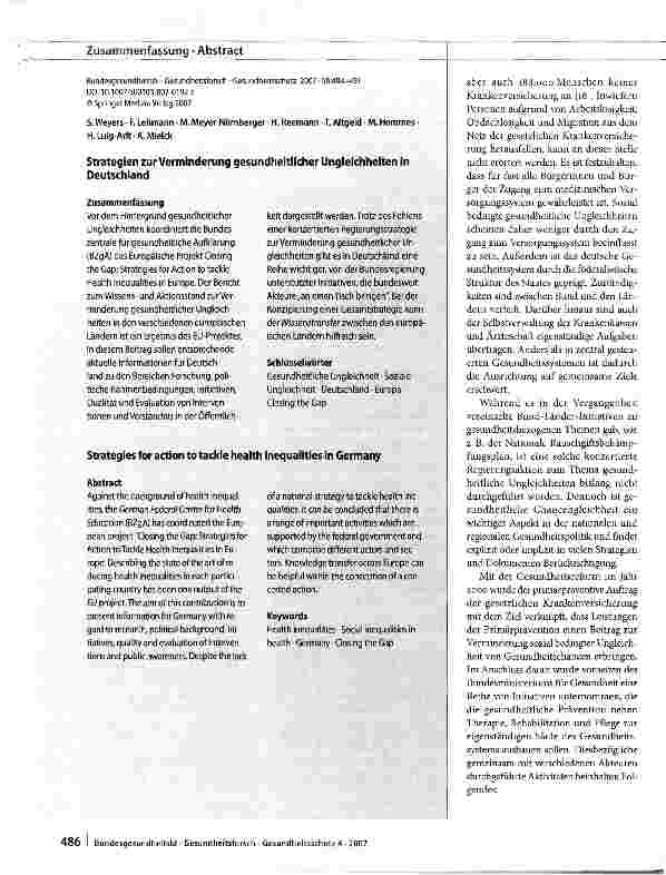 Vorschauseite 3: Strategien zur Verminderung gesundheitlicher Ungleichheiten in Deutschland