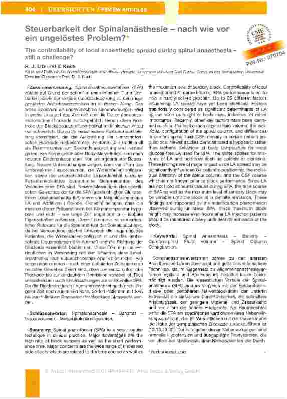 Vorschauseite 1: Steuerbarkeit der Spinalanästhesie - nach wie vor / ein ungelöstes Problem?