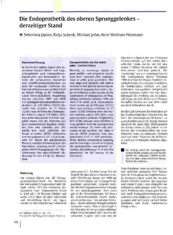 Vorschauseite 1: Die Endoprothetik des oberen Sprunggelenkes -derzeitiger Stand