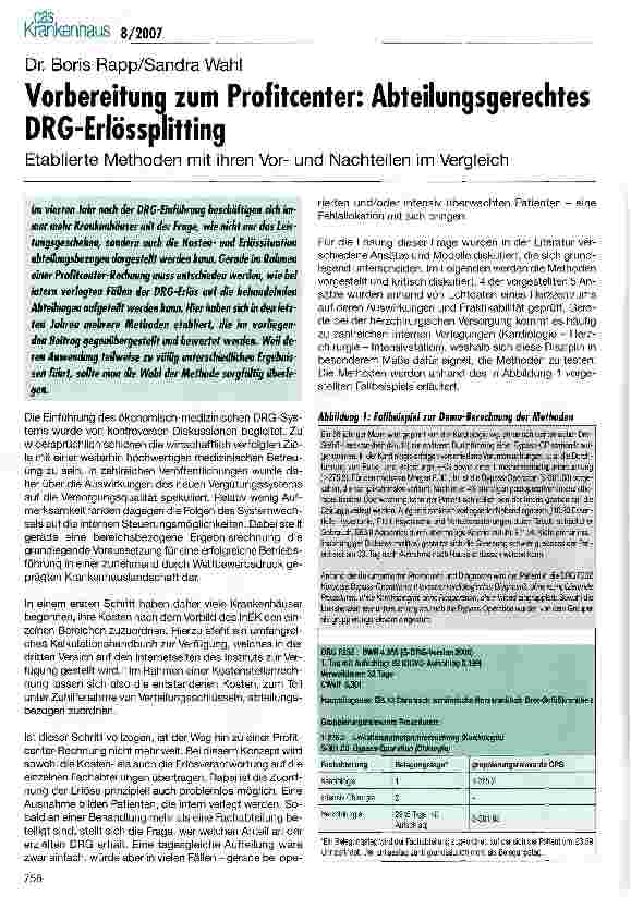 Vorschauseite 1: Vorbereitung zum Profitcenter: Abteilungsgerechtes DRG-Erlössplitting
