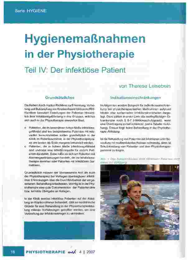 Vorschauseite 1: Hygienemaßnahmen in der Physiotherapie Teil IV: Der infektiöse Patient