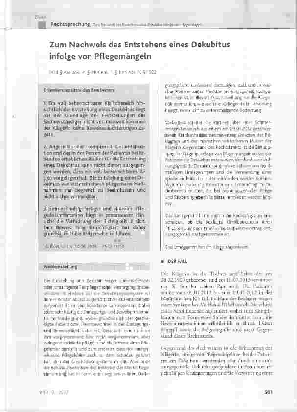 Vorschauseite 1: Zum Nachweis des Entstehens eines Dekubitus infolge von Pflegemängeln