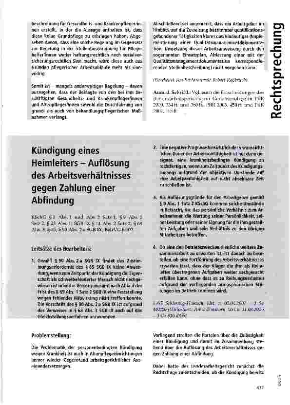 Vorschauseite 1: Kündigung eines Heimleiters - Auflösung des Arbeitsverhältnisses gegen Zahlung einer Abfindung