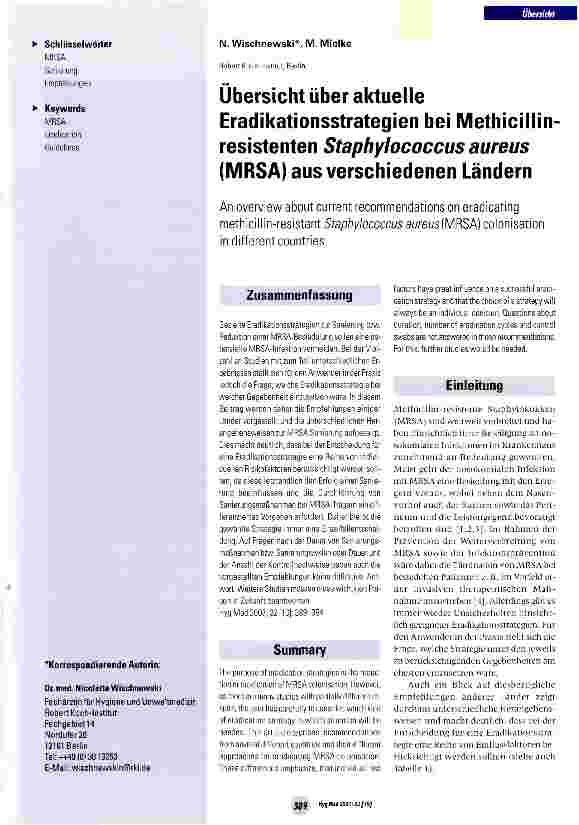 Vorschauseite 1: Übersicht über aktuelle Eradikationsstrategien bei Methicillin resistenten Staphylococcus aureus (MRSA) aus verschiedenen Ländern