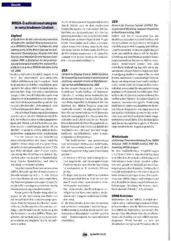 Vorschauseite 2: Übersicht über aktuelle Eradikationsstrategien bei Methicillin resistenten Staphylococcus aureus (MRSA) aus verschiedenen Ländern