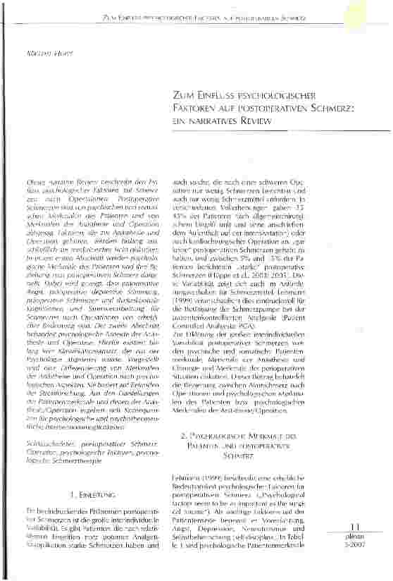Vorschauseite 1: Zum Einfluss psychologischer Faktoren auf postoperativen Schmerz.