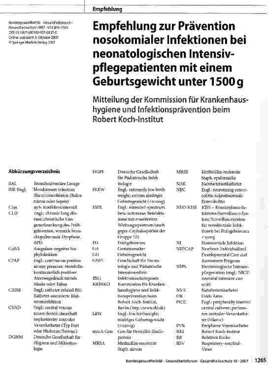 Vorschauseite 1: Empfehlung zur Prävention nosokomialer Infektionen bei neonatologischen Intensivpflegepatienten mit einem Geburtsgewicht unter 1500 g