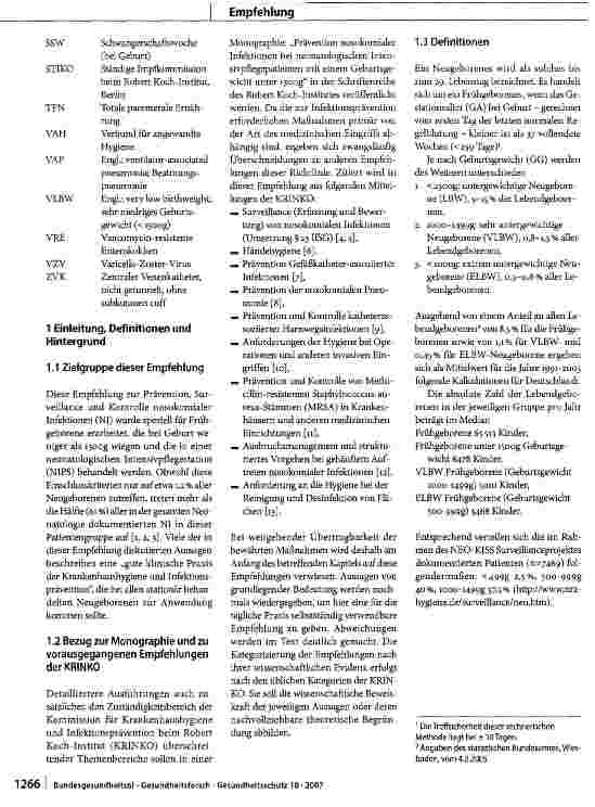 Vorschauseite 2: Empfehlung zur Prävention nosokomialer Infektionen bei neonatologischen Intensivpflegepatienten mit einem Geburtsgewicht unter 1500 g