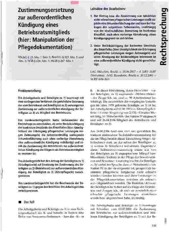 Vorschauseite 1: Zustimmungsersetzung zur außerordentlichen Kündigung eines Betriebsratsmitglieds (hier: Manipulation der Pflegedokumentation)