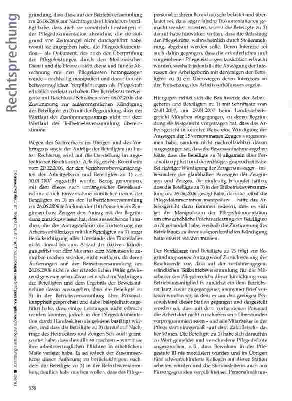 Vorschauseite 2: Zustimmungsersetzung zur außerordentlichen Kündigung eines Betriebsratsmitglieds (hier: Manipulation der Pflegedokumentation)