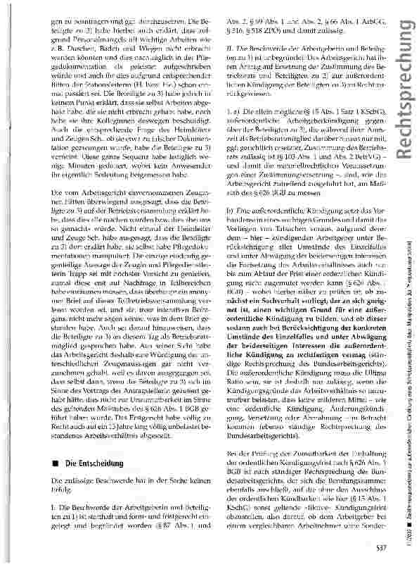 Vorschauseite 3: Zustimmungsersetzung zur außerordentlichen Kündigung eines Betriebsratsmitglieds (hier: Manipulation der Pflegedokumentation)