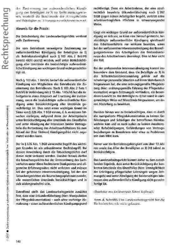 Vorschauseite 5: Zustimmungsersetzung zur außerordentlichen Kündigung eines Betriebsratsmitglieds (hier: Manipulation der Pflegedokumentation)