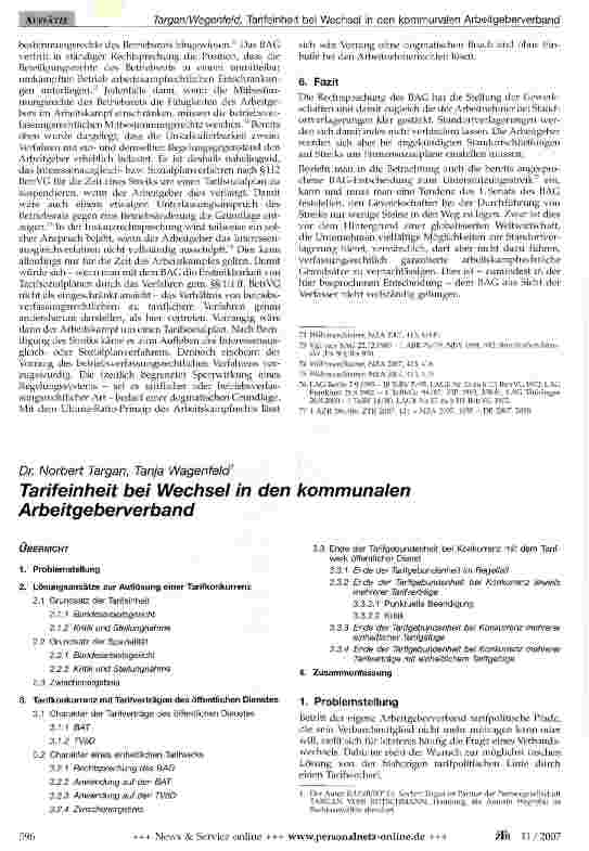 Vorschauseite 1: Tarifeinheit bei Wechsel in den kommunalen Arbeitgeberverband