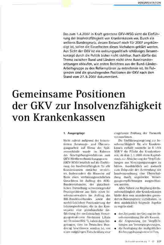 Vorschauseite 1: Gemeinsame Positionen der GKV zur Insolvenzfähigkeit von Krankenkassen