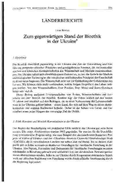 Vorschauseite 1: Länderberichte-Zum gegenwärtigen Stand der Bioethik in der Ukraine
