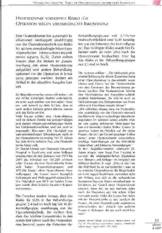 Vorschauseite 1: Hysterektomie verdoppelt Risiko für Operation wegen Stressbedingter Inkontinenz