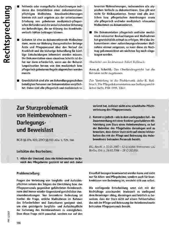 Vorschauseite 1: Zur Sturzproblematik von Heimbewohnern - Darlegungsund Beweislast