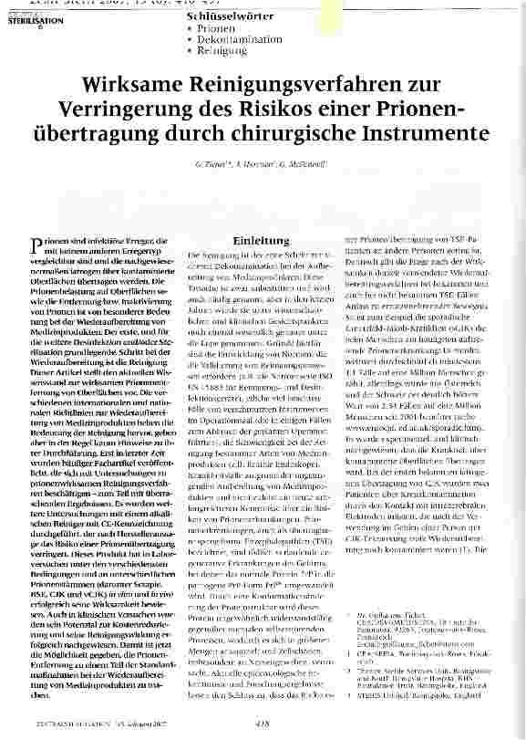 Vorschauseite 1: Wirksame Reinigungsverfahren zur Verringerung des Risikos einer Prionen - Übertragung durch chirurgische Instrumente