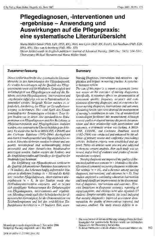 Vorschauseite 1: Pflegediagnosen, Interventionen und ergebnisse - Anwendung und Auswirkungen auf die Pflegepraxis: eine systematische Literaturübersicht