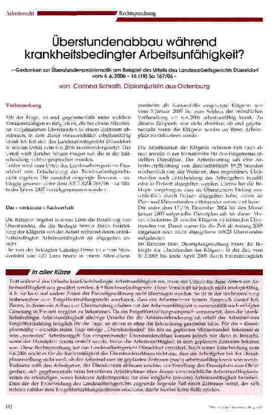 Vorschauseite 1: Überstundenabbau während krankheitsbedingter Arbeitsunfähigkeit?