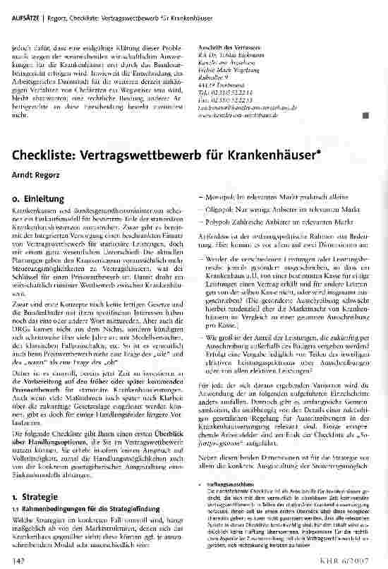 Vorschauseite 1: Checkliste: Vertragswettbewerb für Krankenhäuser