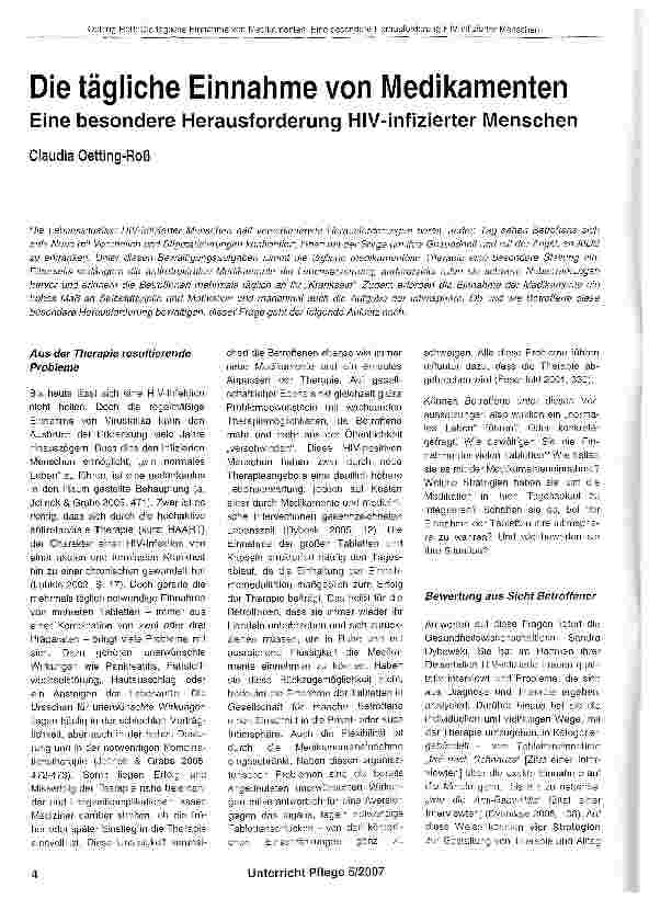 Vorschauseite 1: Die tägliche Einnahme von Medikamenten. Eine besondere Herausforderung HlV-infizierter Menschen