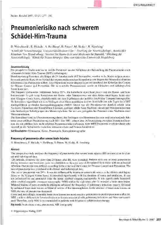 Vorschauseite 1: Pneumonierisiko nach schwerem Schädel-Hirn-Trauma