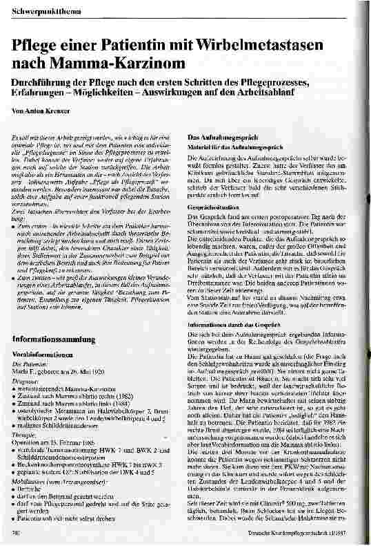 Vorschauseite 1: Pflege einer Patienten mit Wirbelmetastasen nach Mamma-Karzinom Duchführung der Pflege nach den ersten Schritten des Pflegeprozesses, Erfahrungen - Möglichkeiten - Auswirkungen au…