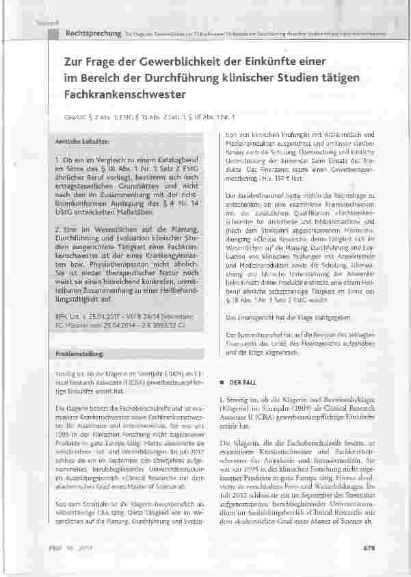 Vorschauseite 1: Zur Frage der Gewerblichkeit der Einkünfte einer im Bereich der Durchführung klinischer Studien tätigen Fachkrankenschwester