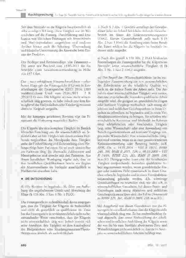 Vorschauseite 2: Zur Frage der Gewerblichkeit der Einkünfte einer im Bereich der Durchführung klinischer Studien tätigen Fachkrankenschwester