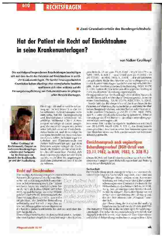 Vorschauseite 1: Hat der Patient ein Recht auf Einsichtnahme in seine Krankenunterlagen? Zwei Grundsatzurteile des Bundesgerichtshofs