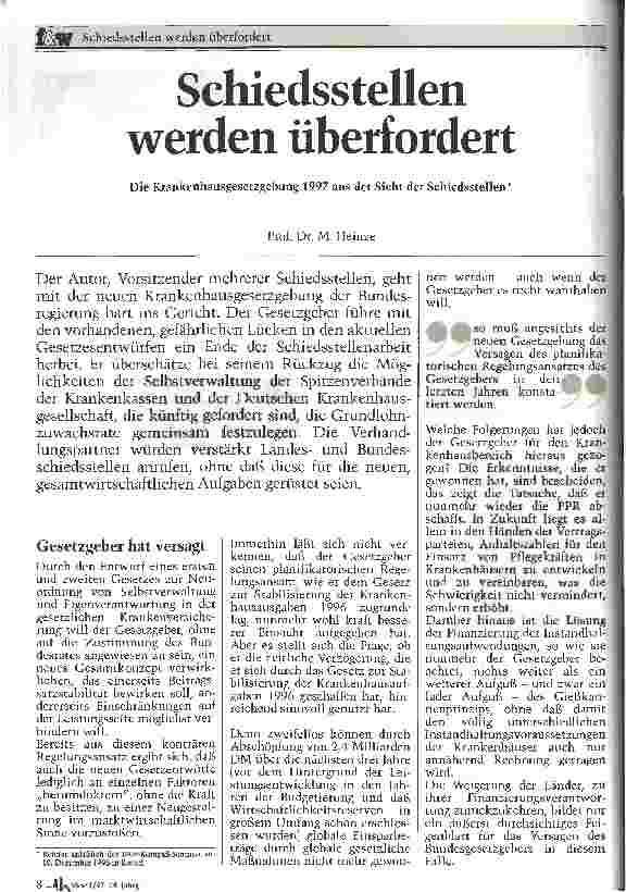 Vorschauseite 1: Schiedsstellen werden überfordert Die Krankenhausgesetzgebung 1997 aus der Sicht der Schiedsstellen