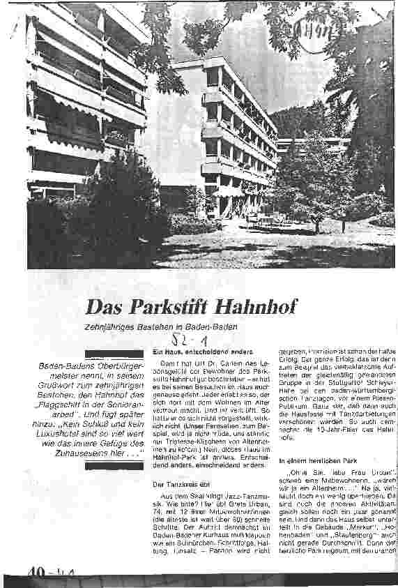 Vorschauseite 1: Das Parkstift Hahnhof Zehnjähriges Bestehen in Baden-Baden