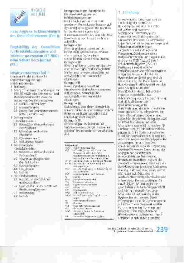 Vorschauseite 1: Händehygiene in Einrichtungen des Gesundheitswesens (Teil I) Empfehlung der Kommissionfür Krankenhaushygiene und Infektionsprävention (KRINKO) beim Robert Koch-Institut(RKI)