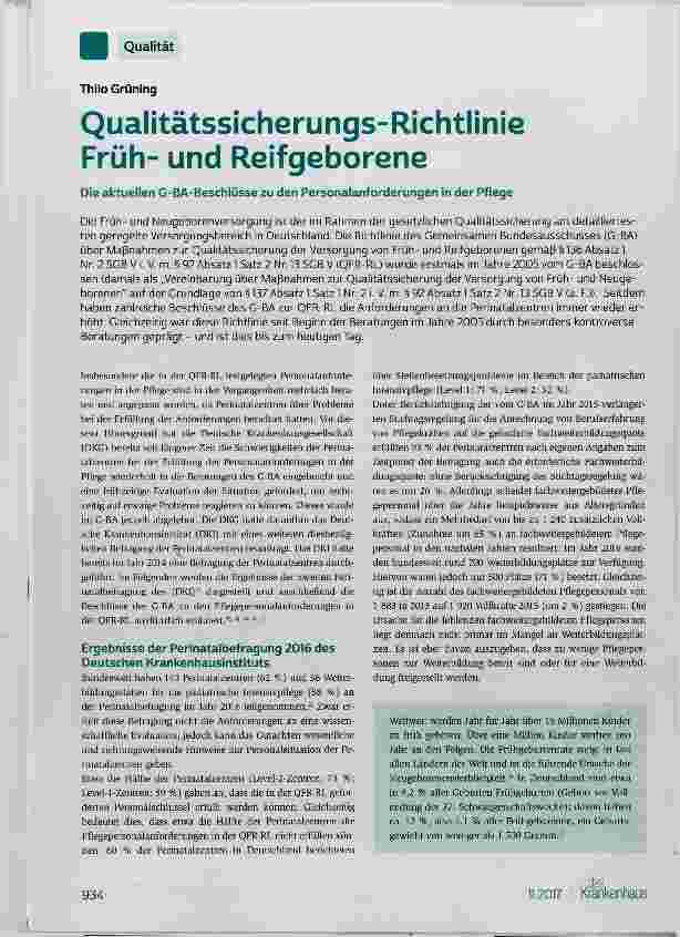 Vorschauseite 1: Qualitätssicherungs-Richtlinie Frühund Reifgeborene
