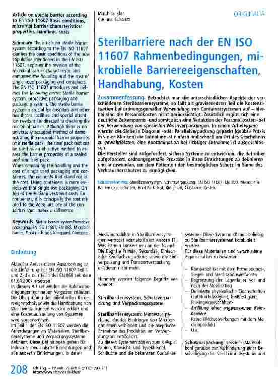 Vorschauseite 1: Sterilbarriere nach der EN ISO 11607 Rahmenbedingungen, mikrobielle Barriereeigenschaften, Handhabung, Kosten