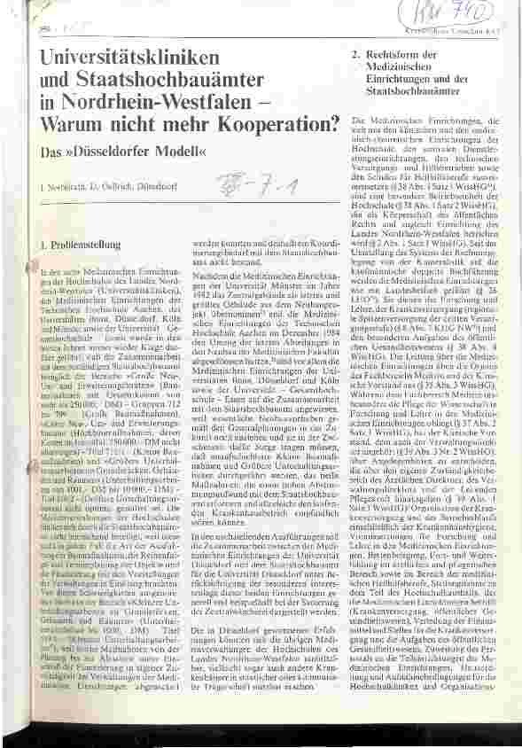 Vorschauseite 1: Universitätskliniken und Staatshochbauämter in Nordrhein-Westfalen - Warum nicht mehr Kooperation? Das Düsseldorfer Modell