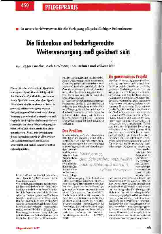 Vorschauseite 1: Die lückenlose und bedarfsgerechte Weiterversorgung muß gesichert sein Ein neues Berichtssystem für die Verlegung pflegebedürftiger Patienten