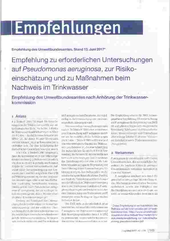 Vorschauseite 1: Empfehlung zu erforderlichen Untersuchungen auf Pseudomonas aeruginosa, zur Risikoeinschätzung und zu Maßnahmen beim Nachweis im Trinkwasser