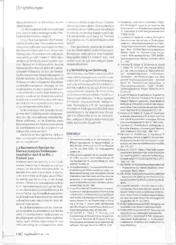 Vorschauseite 4: Empfehlung zu erforderlichen Untersuchungen auf Pseudomonas aeruginosa, zur Risikoeinschätzung und zu Maßnahmen beim Nachweis im Trinkwasser
