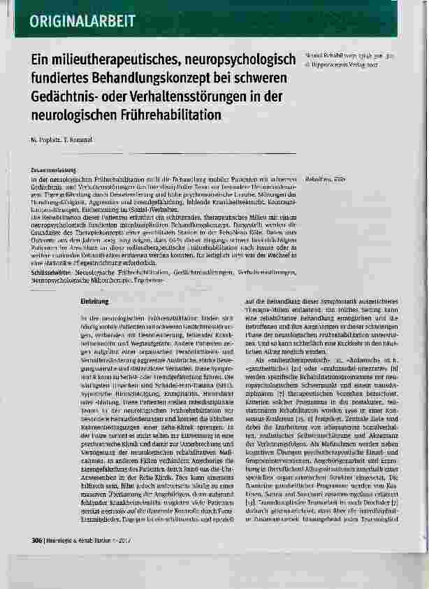 Vorschauseite 1: Ein milieutherapeutisches, neuropsychologisch fundiertes Behandlungskonzept bei schweren Gedächtnisoder Verhaltensstörungen in der neurologischen Frührehabilitation