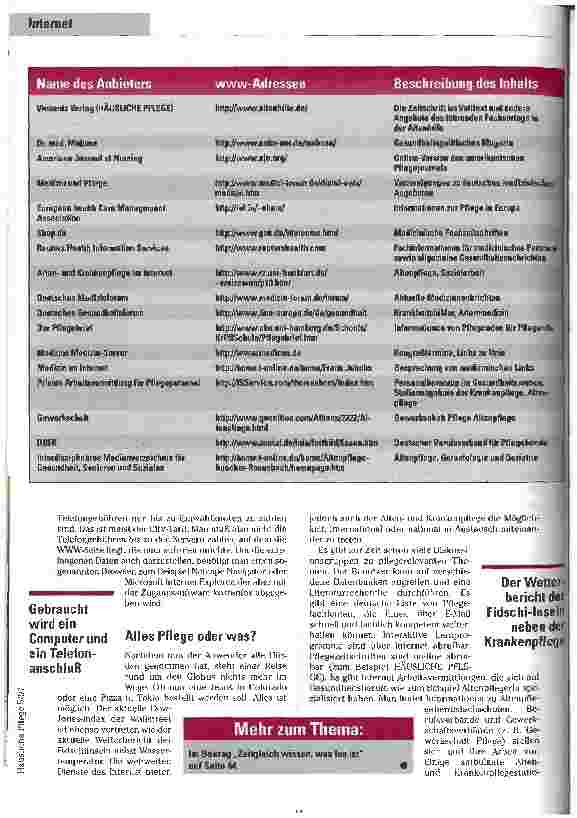 Vorschauseite 2: Grenzenlose Pflege Was bietet das Internet für MitarbeiterInnen der Pflegedienste, und wie gelangt man ins Netz der Netze?